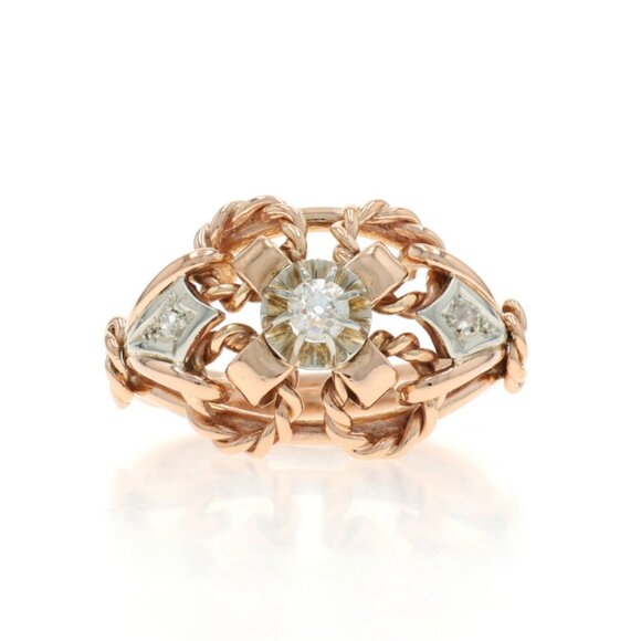 Yellow Gold Diamond Art Deco Ring - 18k Mine .18ctw Vintage Floral - Picture 1 of 5